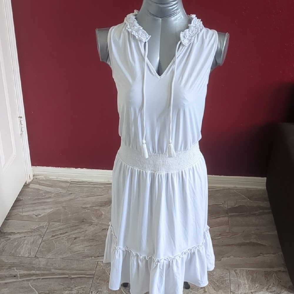 CABANA LIFE Essentials White Sleeveless-Smocked-Tassel/Raffle/Tier  Dress SPF50+